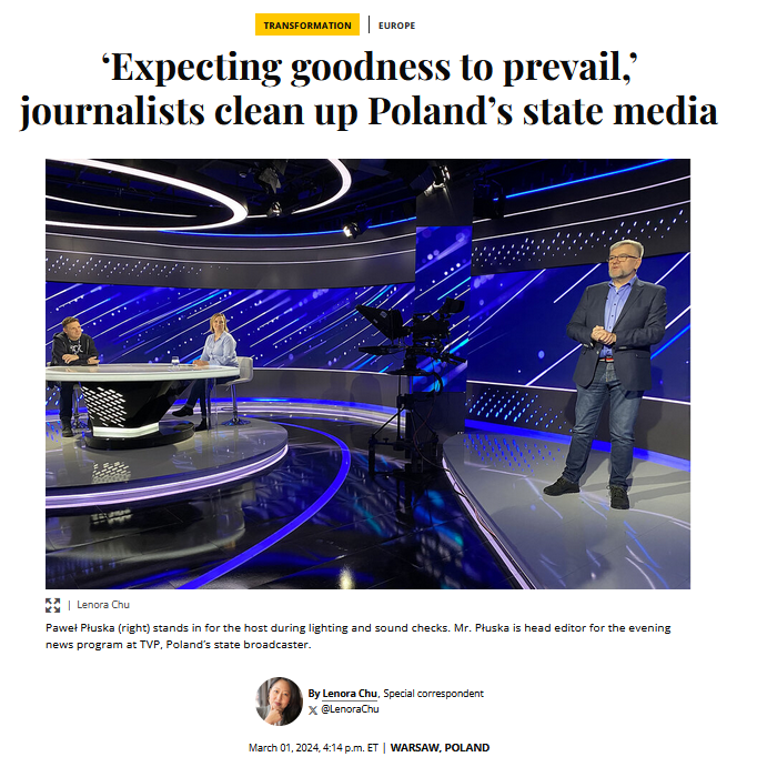 Screenshot of an article: ‘Expecting goodness to prevail,’ journalists clean up Poland’s state media