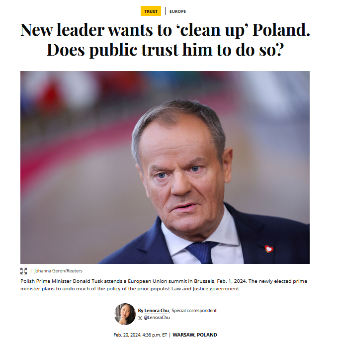 Screenshot of an article: New leader wants to 'clean up' Poland. Does public trust him to do so?